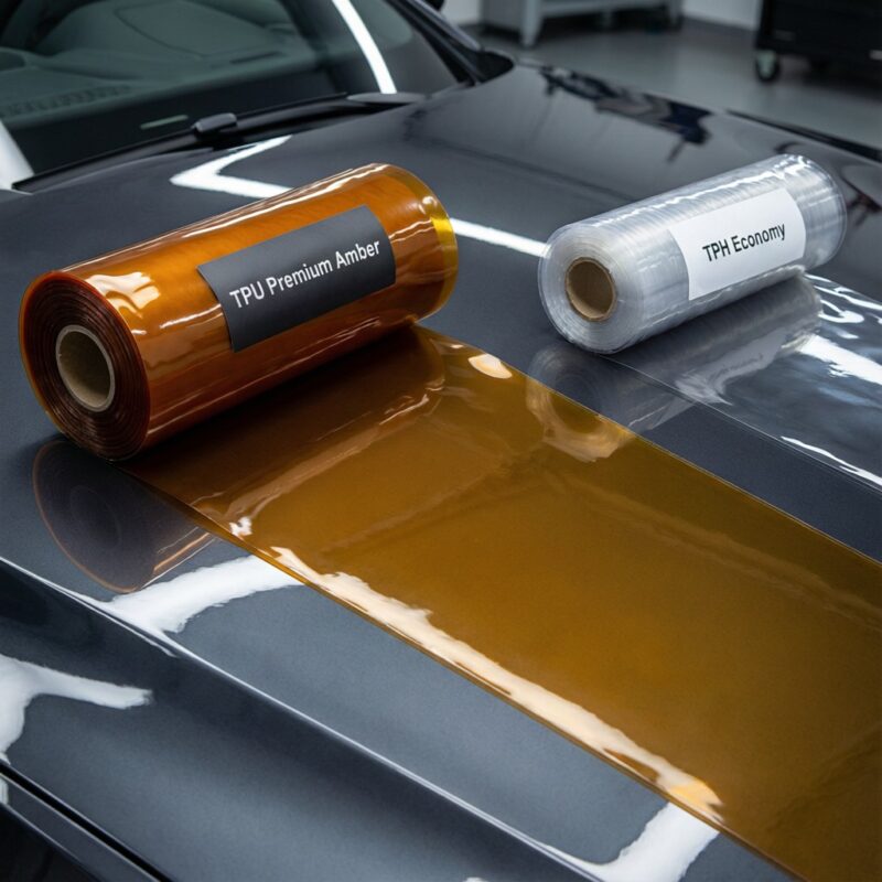 Choose Between TPU vs TPH PPF: Full Guide 3 Side-by-side comparison in one frame: two rolls of paint protection film