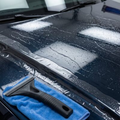 Professional automotive detailing photography: a glossy dark car hood freshly covered with transparent paint