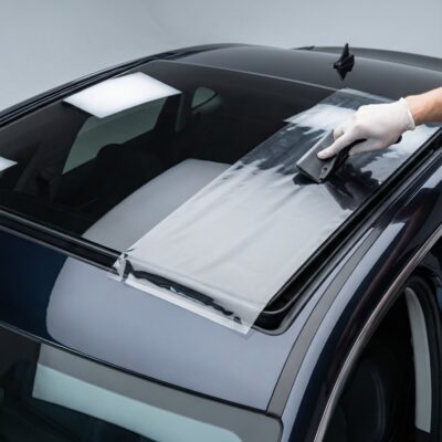 Photorealistic automotive detailing photography: a glossy dark car with a large panoramic glass sunroof
