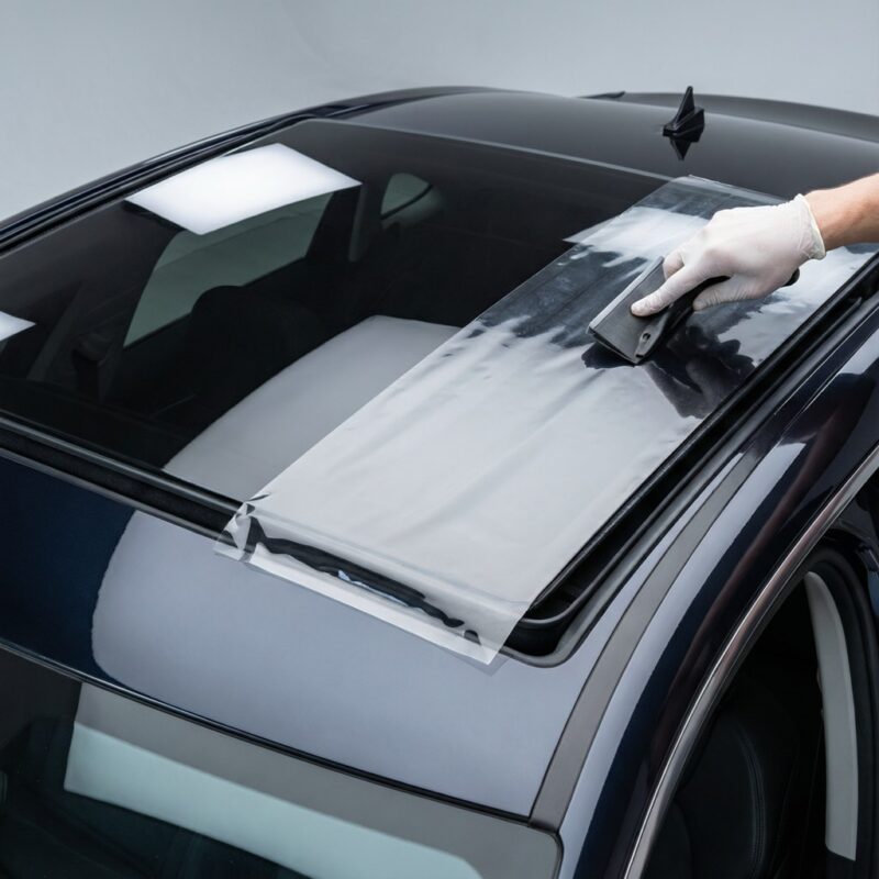 Decorative Window Film: Transform Glass at Work | Shimao 4 Photorealistic automotive detailing photography: a glossy dark car with a large panoramic glass sunroof