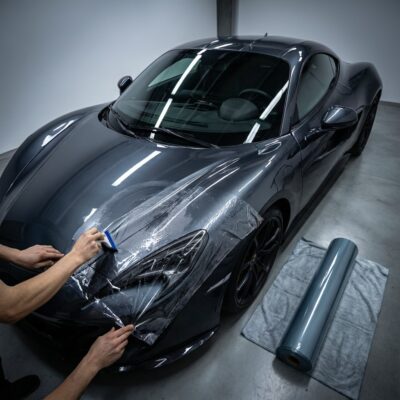 Professional automotive detailing photography: a glossy dark-colored sports car in a clean studio bay with